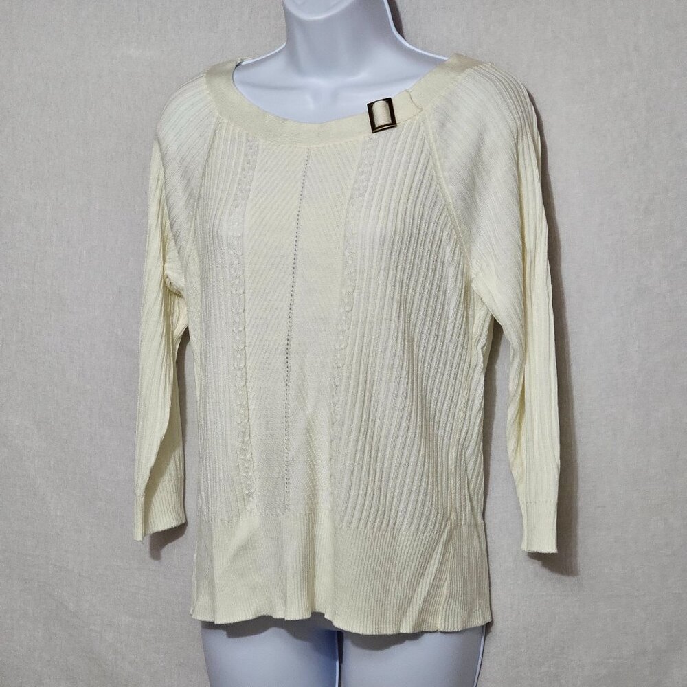 (1328) Requirements Y2K Style Fitted Ribbed Ivory Knit Women's Sweater Size Med